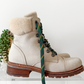 Frye Samantha Hiker Combat in Ivory Leather Shearling and Green Laces Winter Boots (7.5)