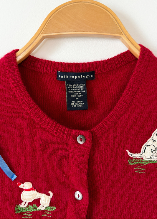 Rare Vintage 2000 Anthropologie Dark Red Lambswool Cashmere Dog Show Cardigan