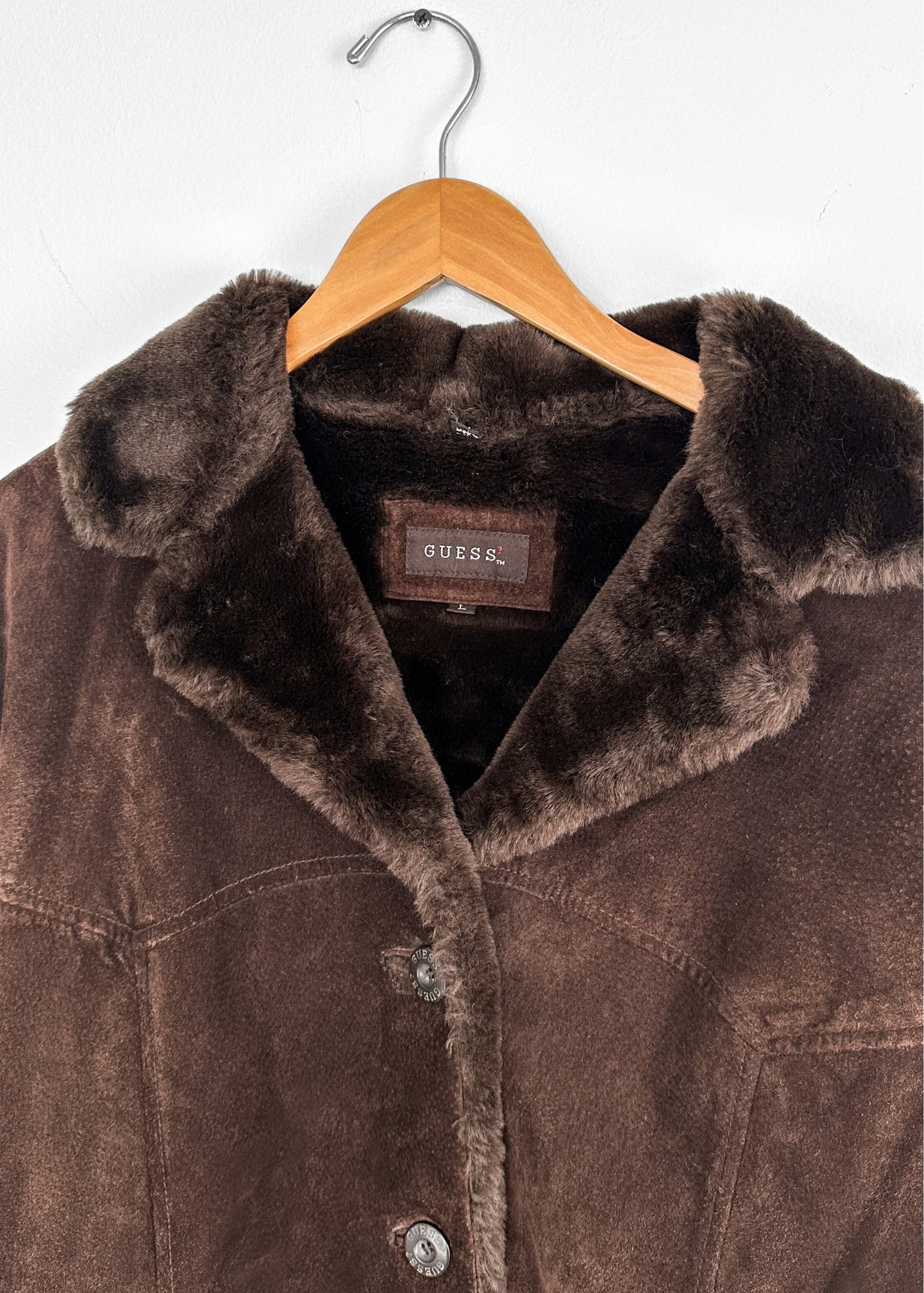 Vintage Guess Chocolate Brown Suede Leather Faux Fur Winter Coat (L)