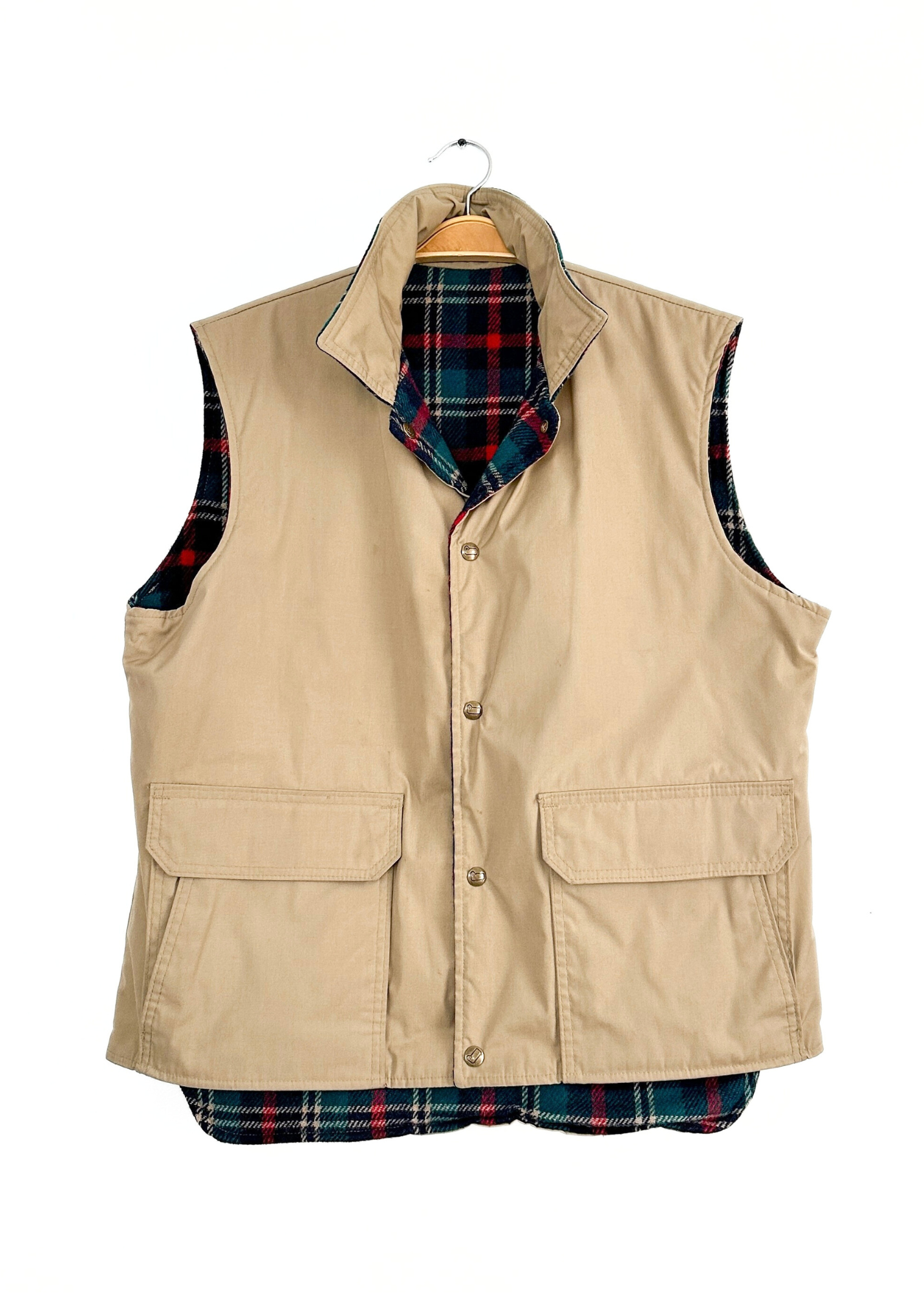 Vintage 80s Woolrich Fisherman Aesthetic Reversible Plaid Wool Canvas Utility Vest (mens L)