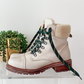 Frye Samantha Hiker Combat in Ivory Leather Shearling and Green Laces Winter Boots (7.5)