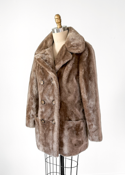 Vintage 80s White Stag Taupe Brown Faux Fur Coat (M)