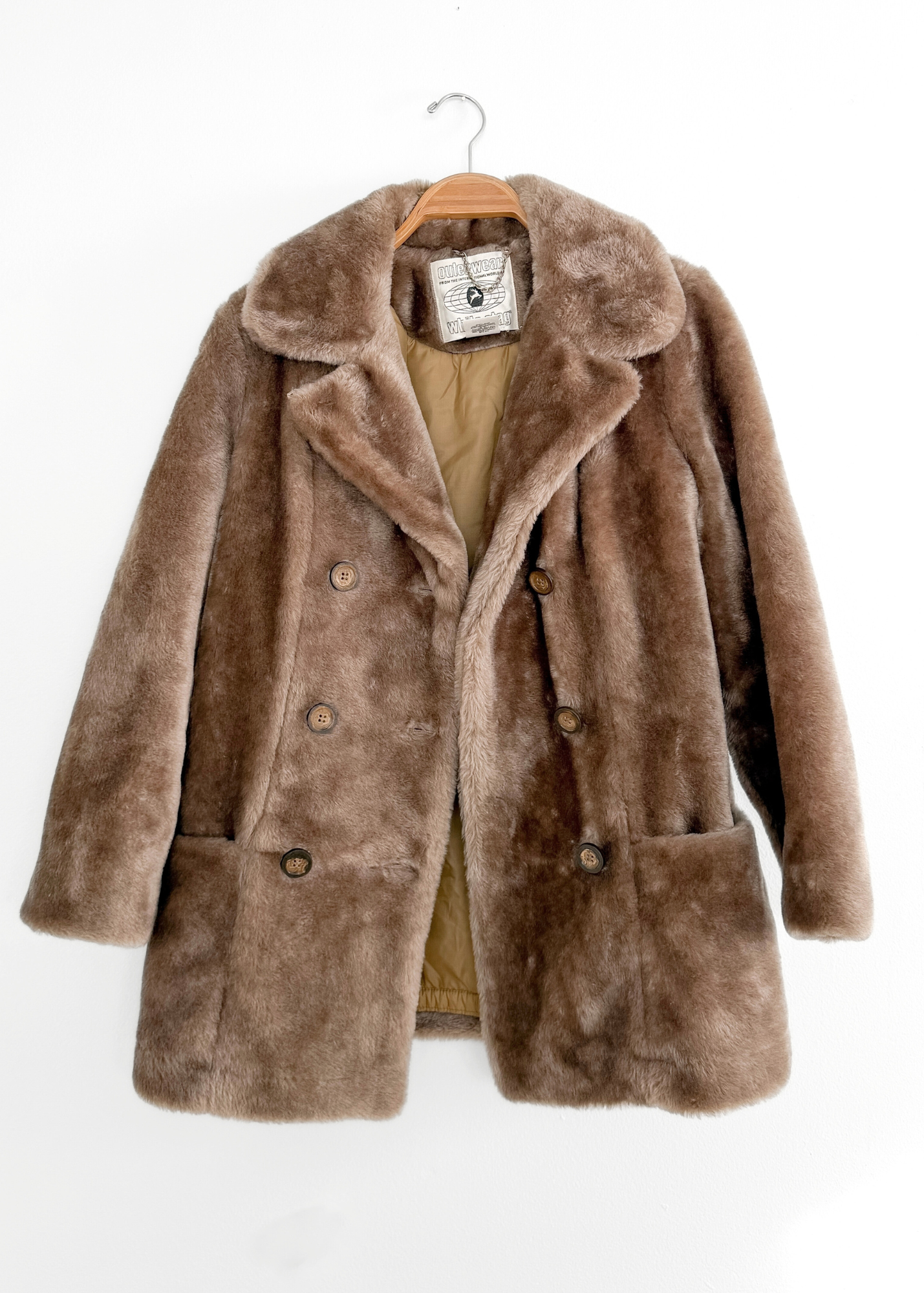 Vintage 80s White Stag Taupe Brown Faux Fur Coat (M)