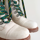 Frye Samantha Hiker Combat in Ivory Leather Shearling and Green Laces Winter Boots (7.5)