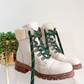 Frye Samantha Hiker Combat in Ivory Leather Shearling and Green Laces Winter Boots (7.5)