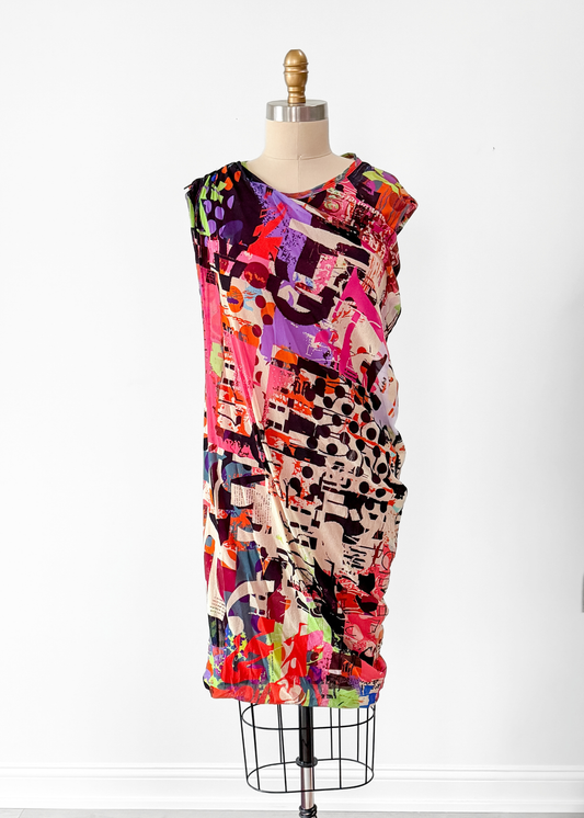 Fuzzi Abstract Mesh Draped Sleeveless Zip Shoulder Dress (L)