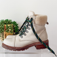 Frye Samantha Hiker Combat in Ivory Leather Shearling and Green Laces Winter Boots (7.5)