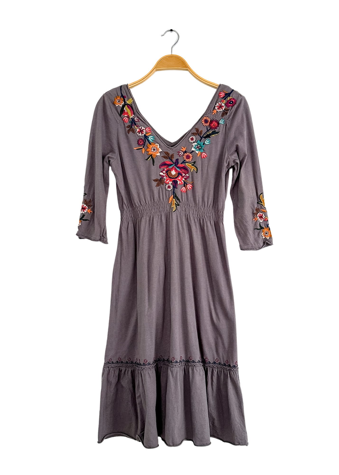 Johnny Was Gray Floral Embroidered Elbow Length Sleeve Dress (S)