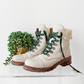 Frye Samantha Hiker Combat in Ivory Leather Shearling and Green Laces Winter Boots (7.5)