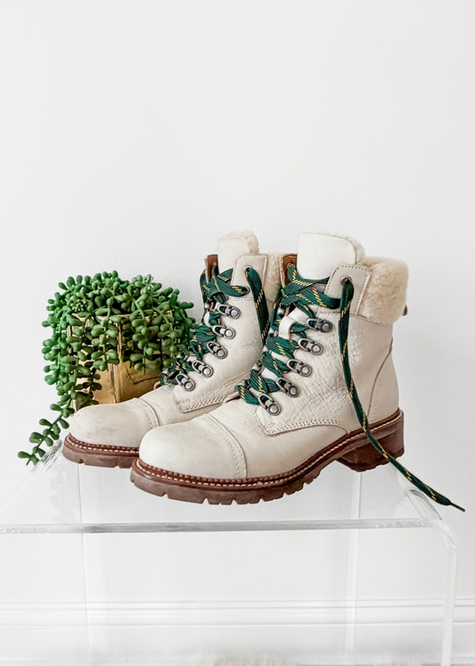 Frye Samantha Hiker Combat in Ivory Leather Shearling and Green Laces Winter Boots (7.5)
