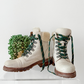 Frye Samantha Hiker Combat in Ivory Leather Shearling and Green Laces Winter Boots (7.5)