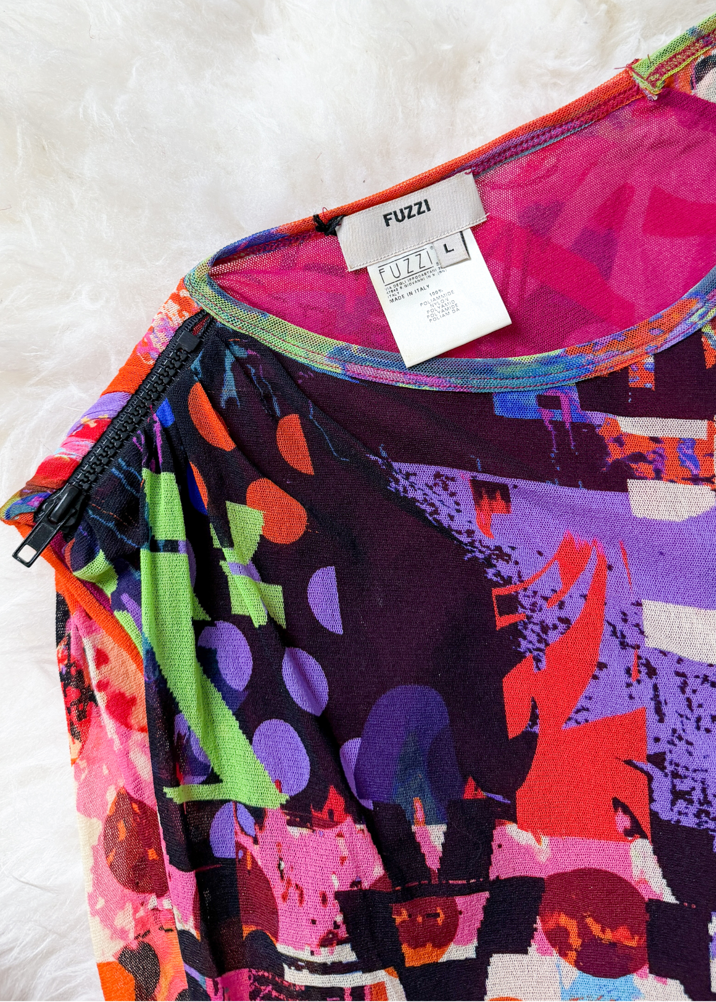 Fuzzi Abstract Mesh Draped Sleeveless Zip Shoulder Dress (L)