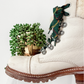Frye Samantha Hiker Combat in Ivory Leather Shearling and Green Laces Winter Boots (7.5)