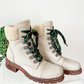 Frye Samantha Hiker Combat in Ivory Leather Shearling and Green Laces Winter Boots (7.5)