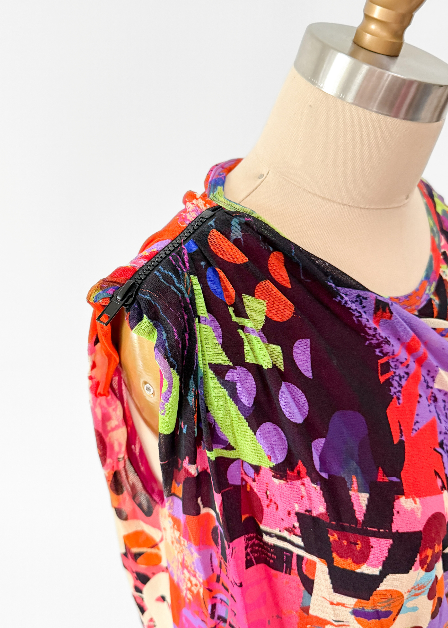 Fuzzi Abstract Mesh Draped Sleeveless Zip Shoulder Dress (L)