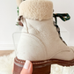 Frye Samantha Hiker Combat in Ivory Leather Shearling and Green Laces Winter Boots (7.5)