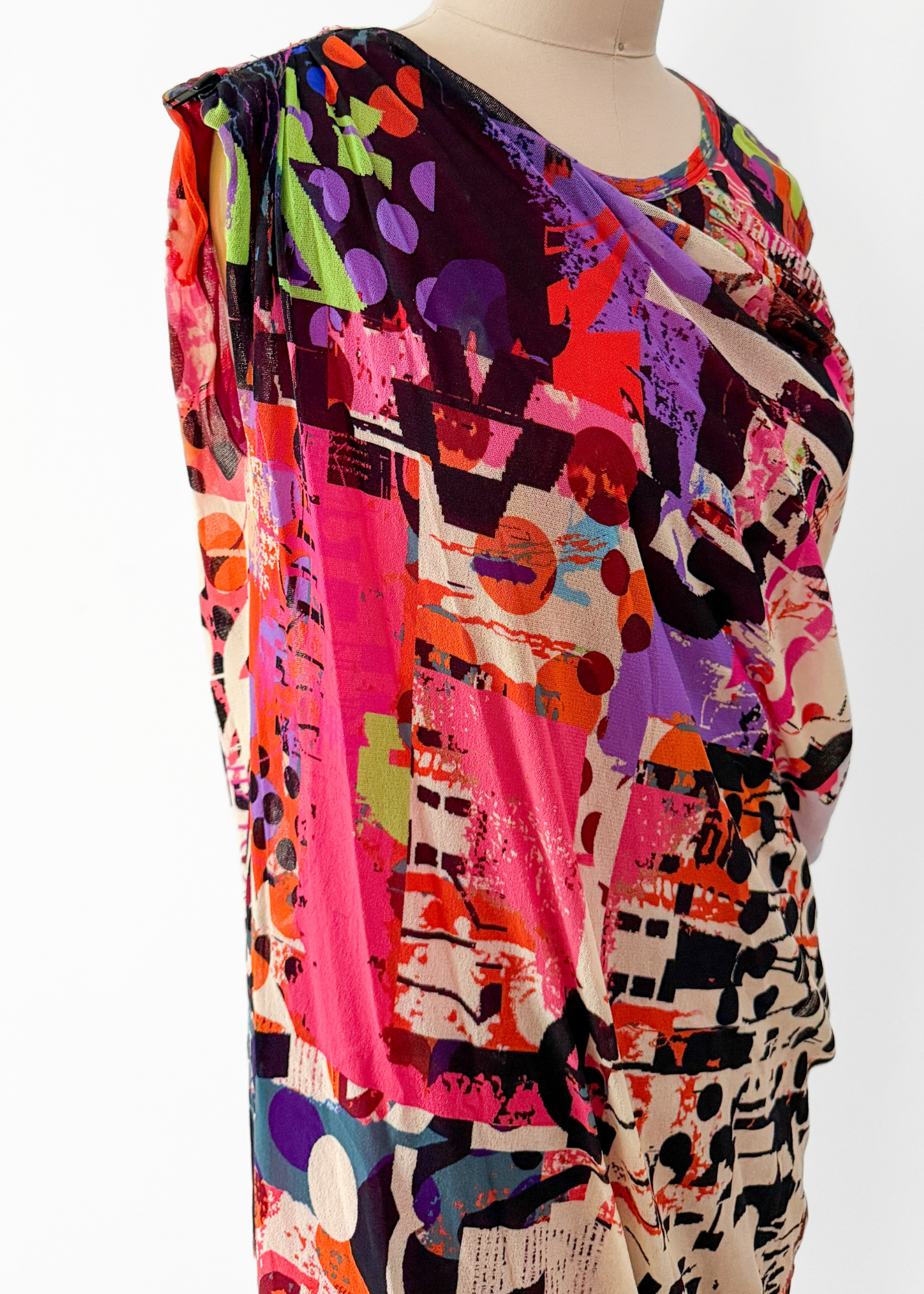 Fuzzi Abstract Mesh Draped Sleeveless Zip Shoulder Dress (L)