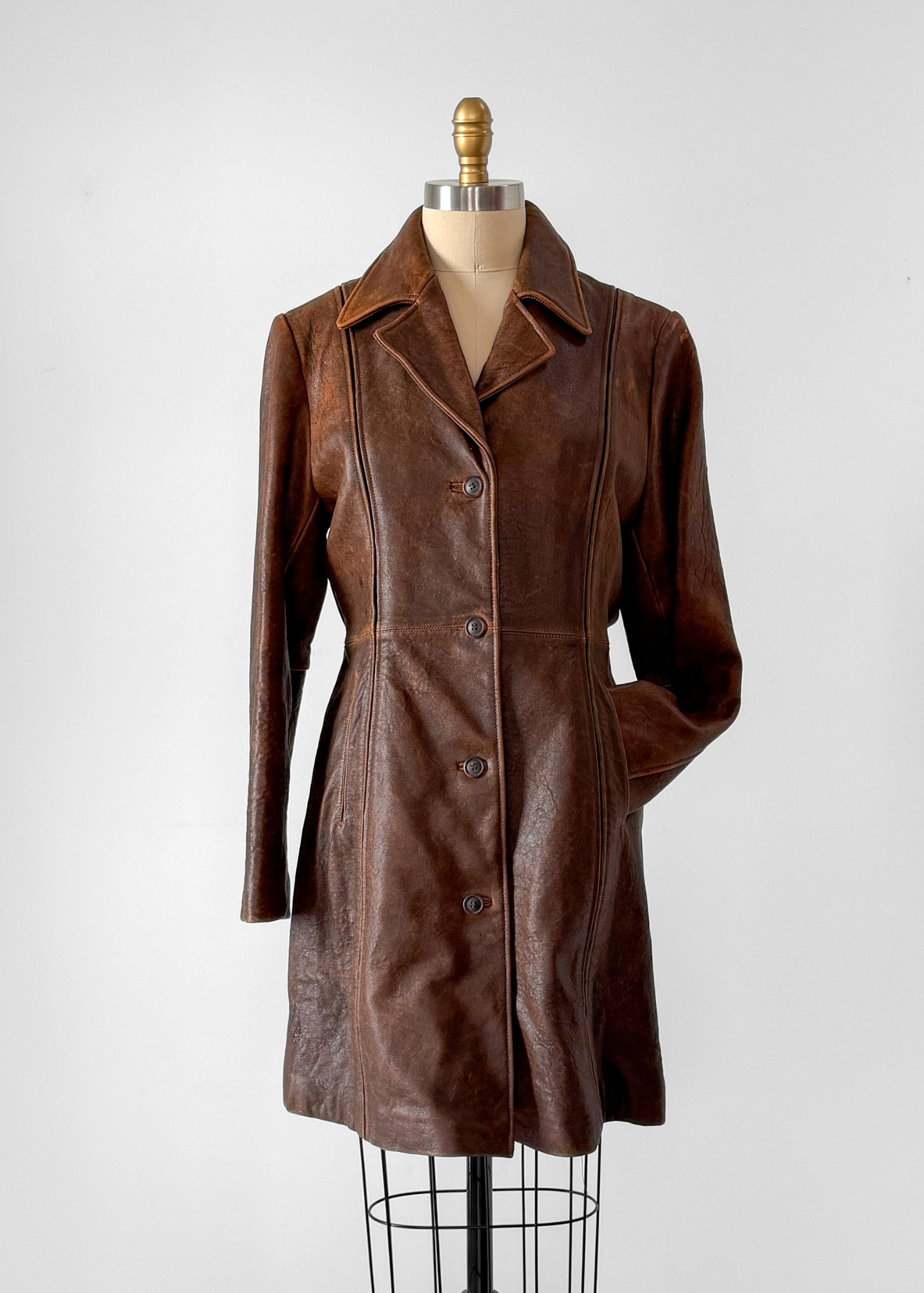 R + O Chestnut Brown Leather Mid Length Tailored Jacket (M)