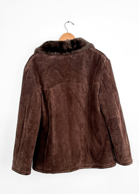 Vintage Guess Chocolate Brown Suede Leather Faux Fur Winter Coat (L)