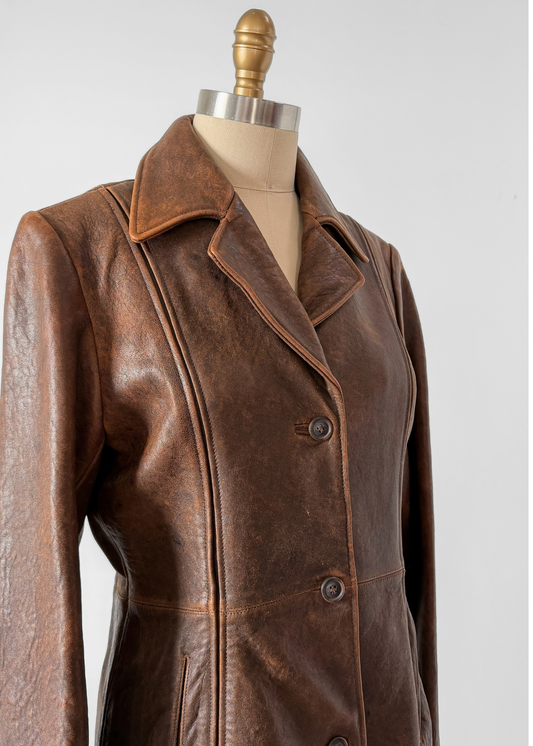R + O Chestnut Brown Leather Mid Length Tailored Jacket (M)