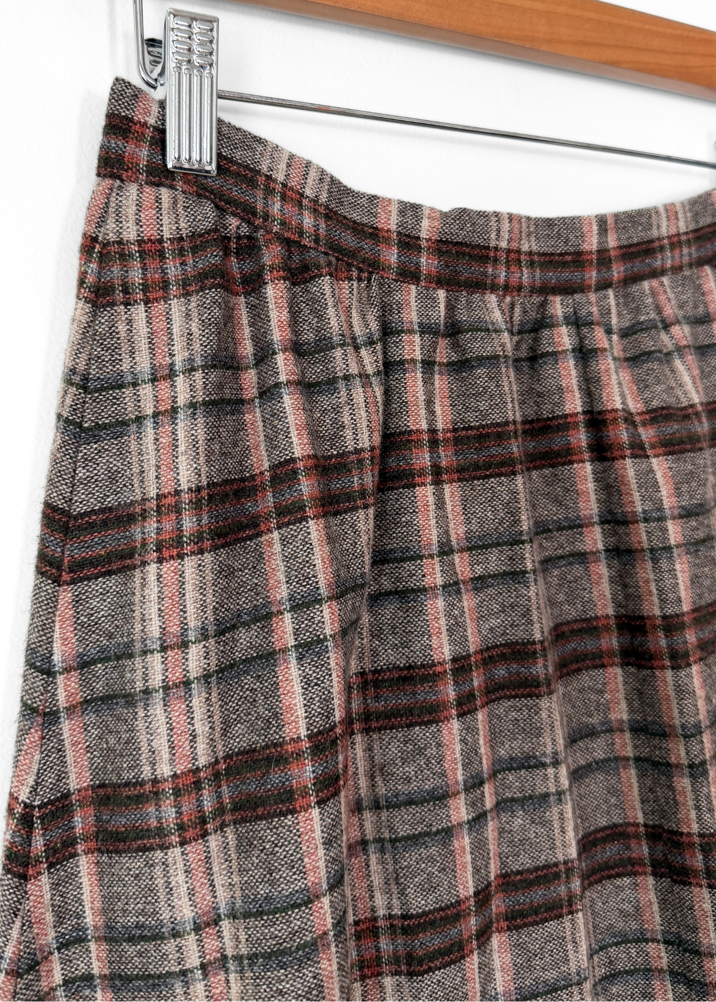 Vintage 70s Brown & Rust Plaid Felt Circle Maxi Skirt (S)