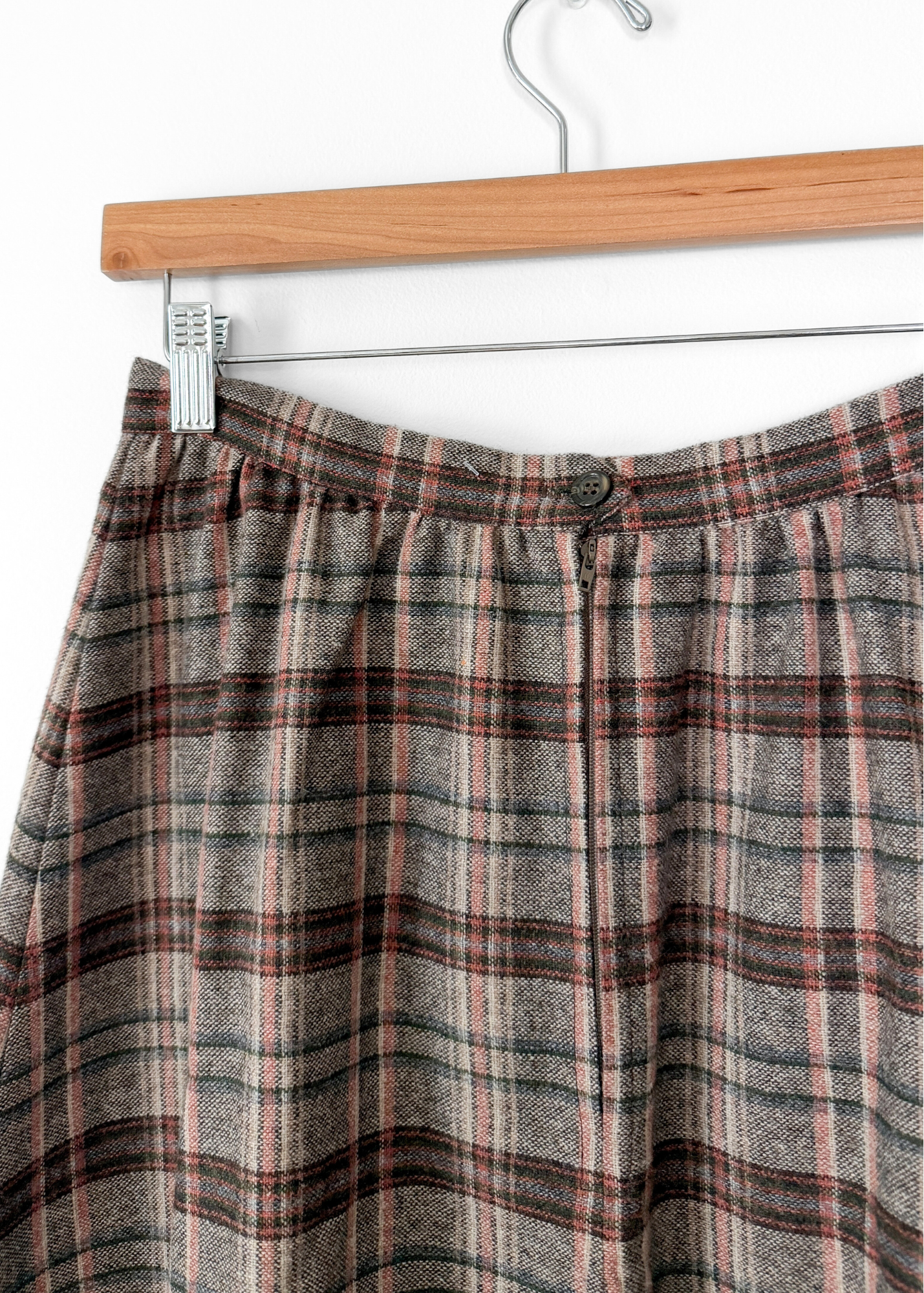 Vintage 70s Brown & Rust Plaid Felt Circle Maxi Skirt (S)