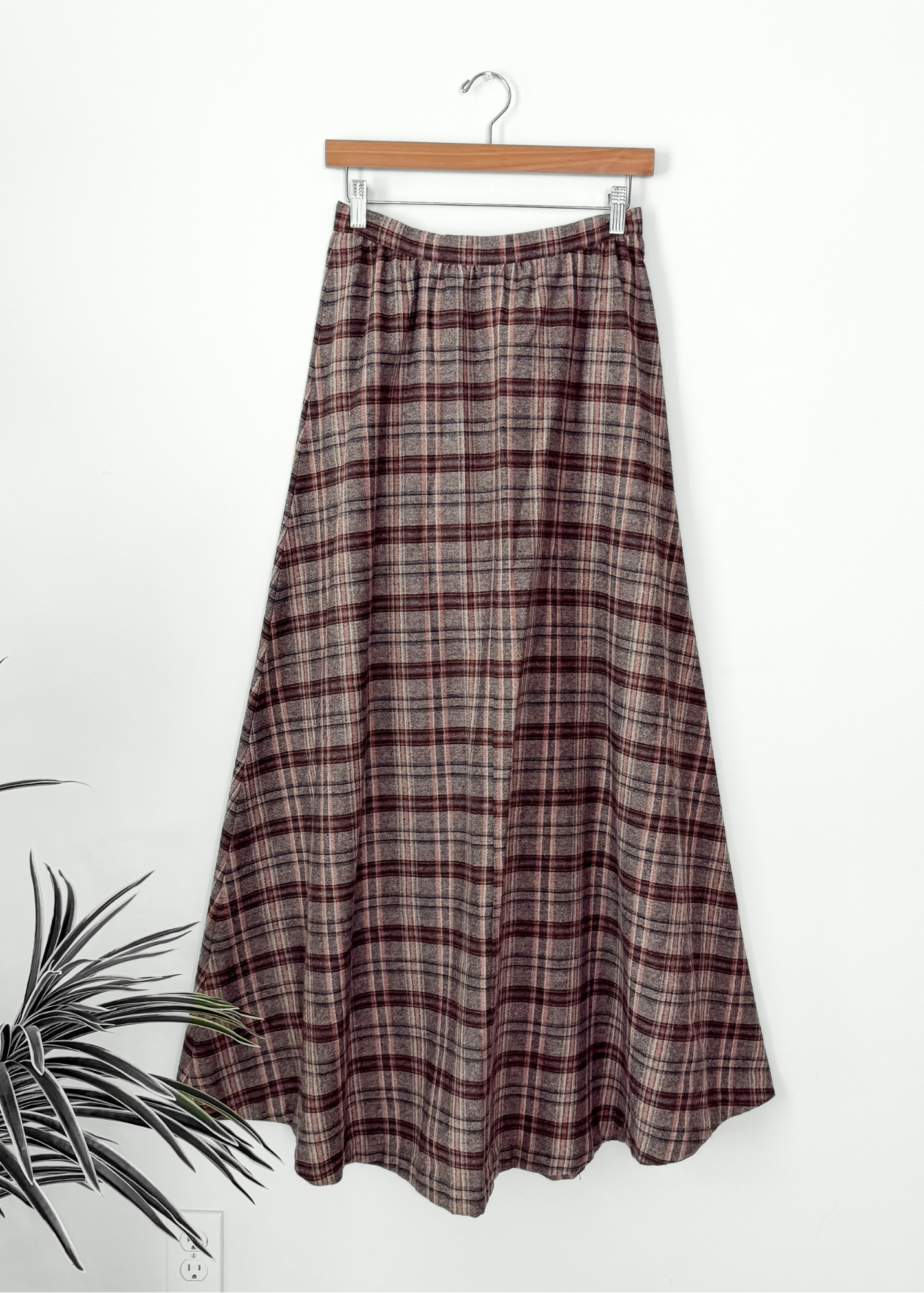 Vintage 70s Brown & Rust Plaid Felt Circle Maxi Skirt (S)