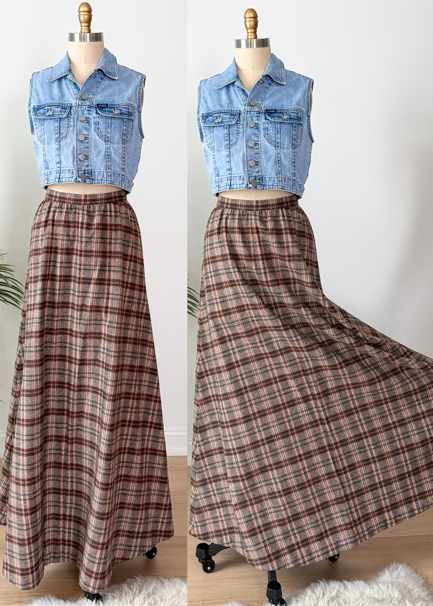 Vintage 70s Brown & Rust Plaid Felt Circle Maxi Skirt (S)