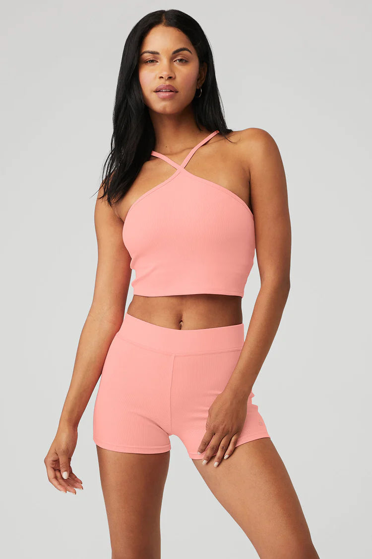 Alo Yoga Goddess Ribbed Cross Crop Top in Strawberry (M)