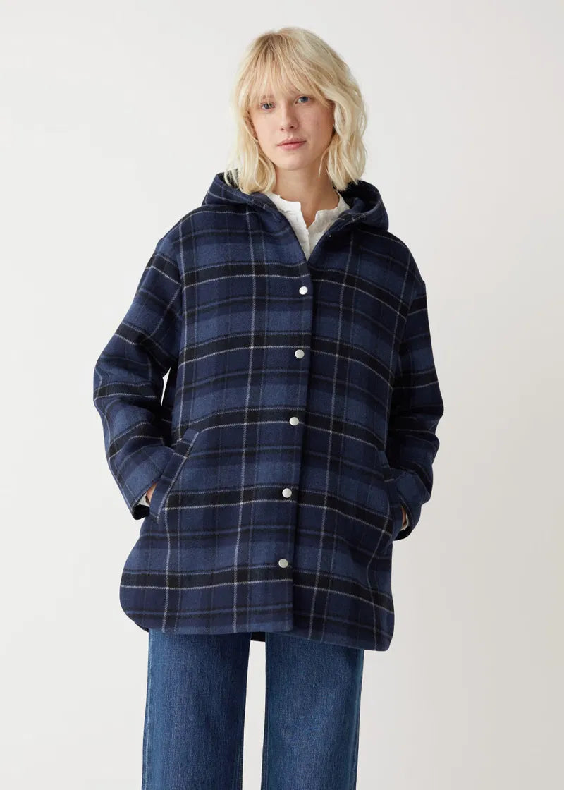 & other stories Wool Hooded Coat in Blue Check (S)