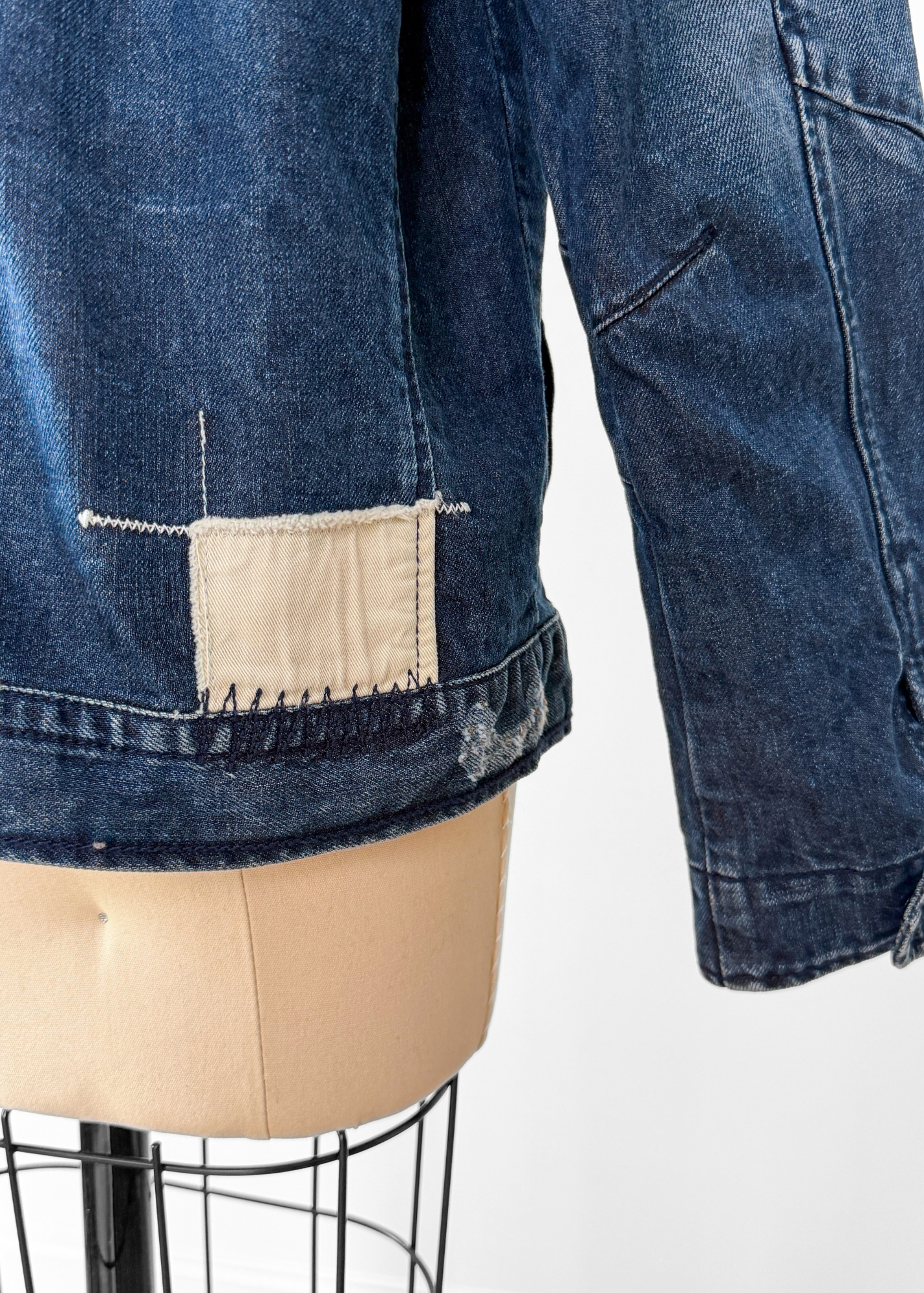 OMM Blue Denim Distressed Patchwork Jean Moto Jacket (L)