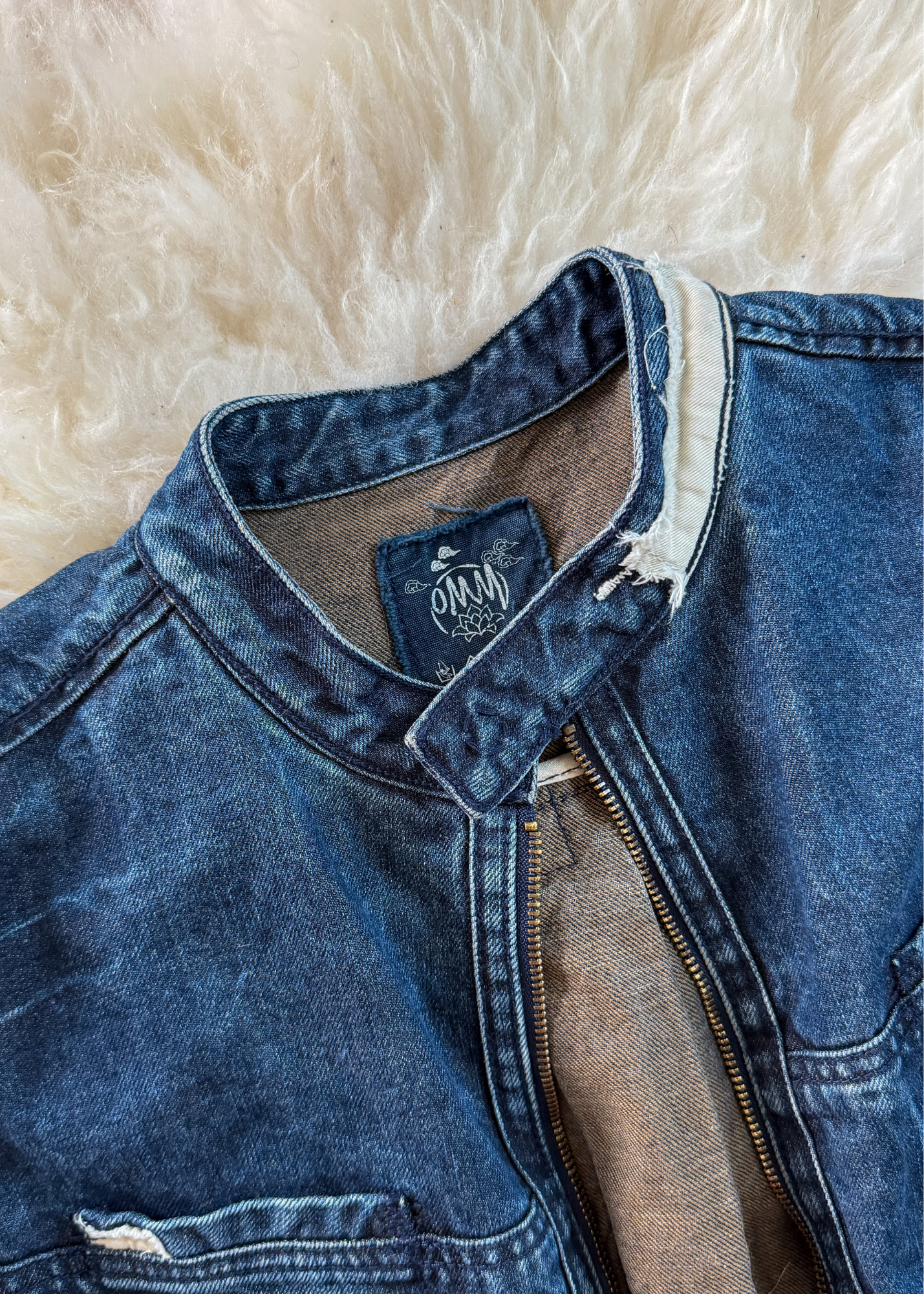 OMM Blue Denim Distressed Patchwork Jean Moto Jacket (L)