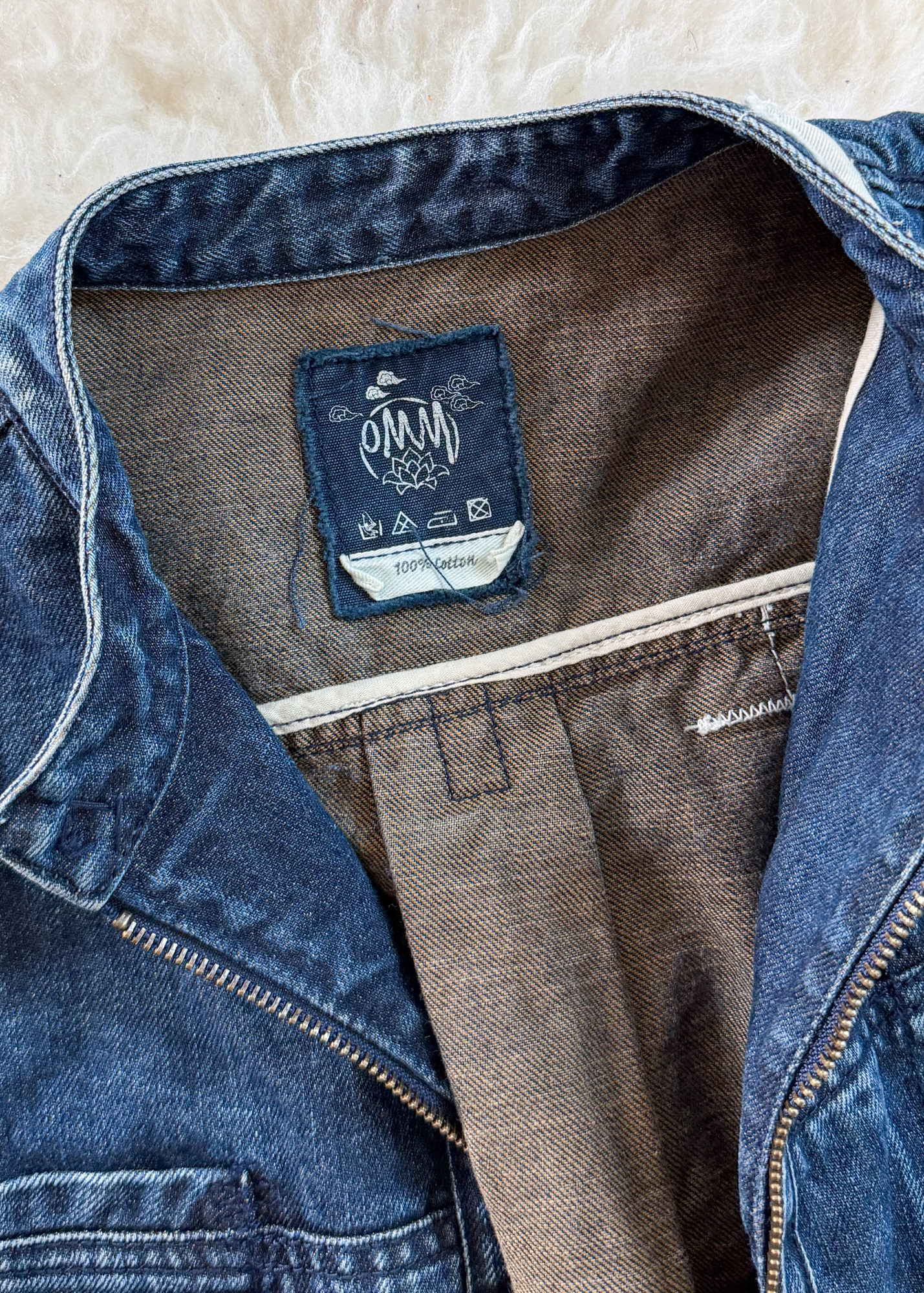 OMM Blue Denim Distressed Patchwork Jean Moto Jacket (L)