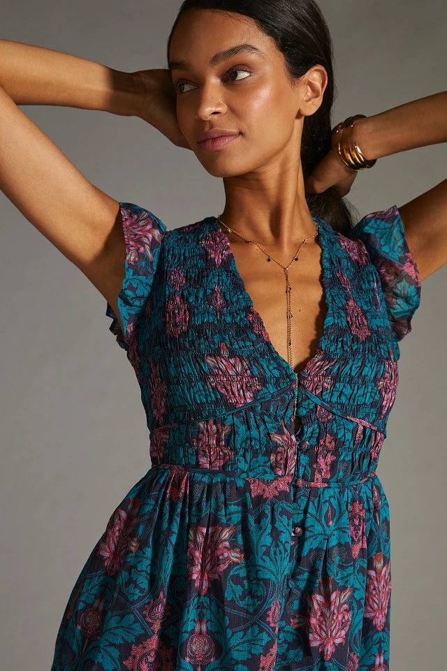 Anthropologie Peregrine Dress in Turquoise, Pink and Navy Blue Print (4 or S)