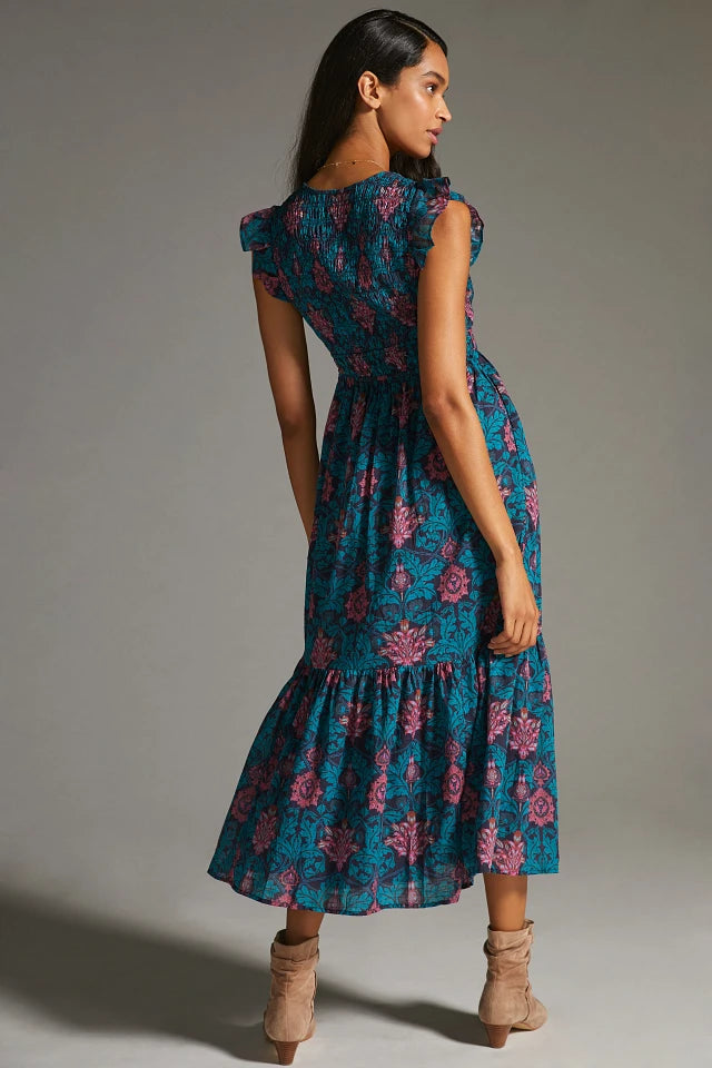 Anthropologie Peregrine Dress in Turquoise, Pink and Navy Blue Print (4 or S)