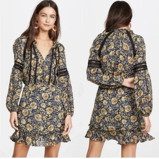 Veronica Beard Ida Floral Silk Yellow Blue Black Mini Dress