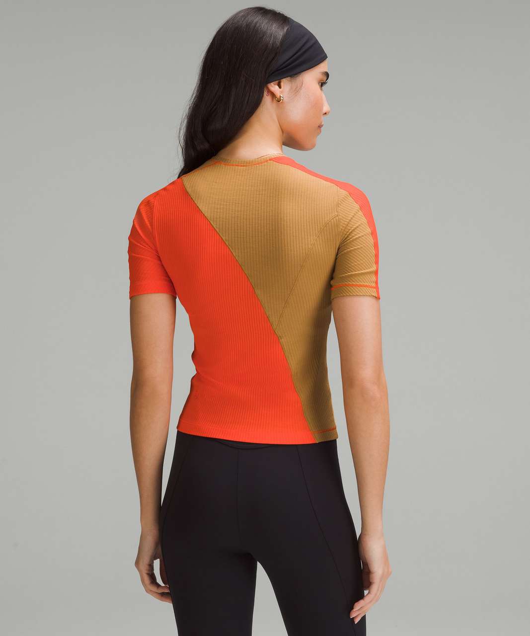 Lululemon Asymmetrical Ribbed Cotton T-Shirt in Solar Orange and Beige (XL)