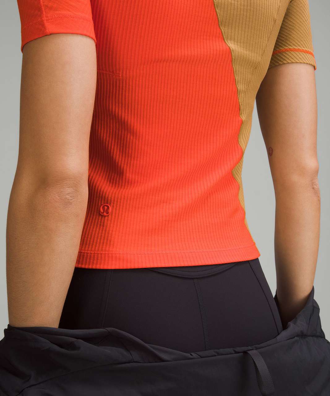 Lululemon Asymmetrical Ribbed Cotton T-Shirt in Solar Orange and Beige (XL)
