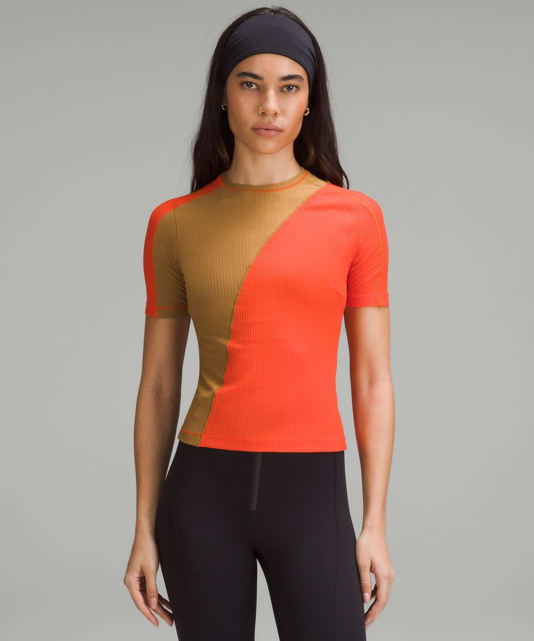 Lululemon Asymmetrical Ribbed Cotton T-Shirt in Solar Orange and Beige (XL)