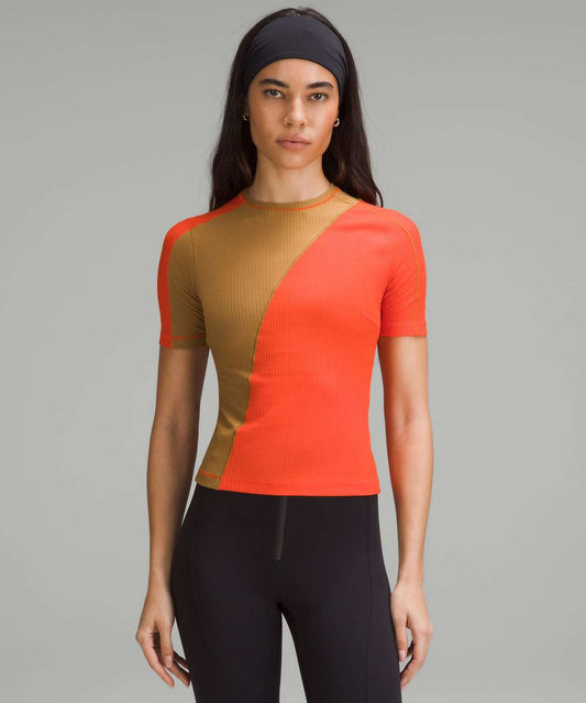 Lululemon Asymmetrical Ribbed Cotton T-Shirt in Solar Orange and Beige (XL)