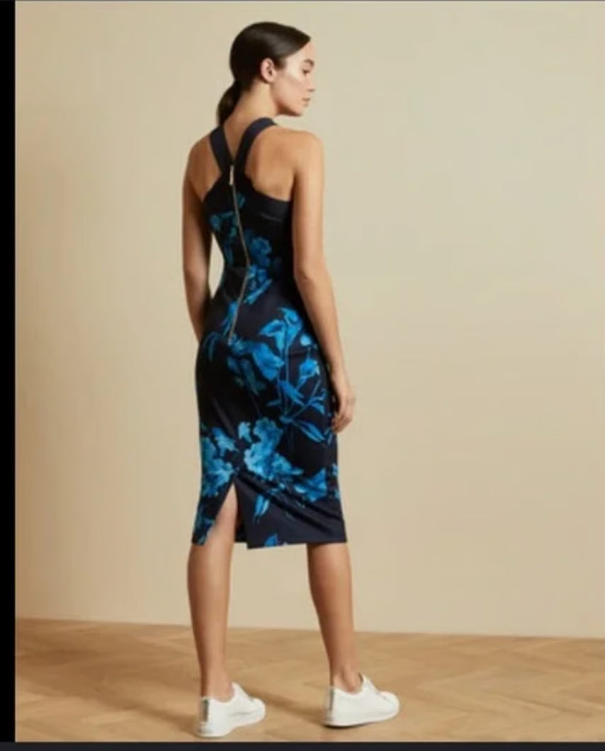 Ted Baker Navy Blue Fantasia Bodycon Halter Floral Dress (TB 2 or US 6)