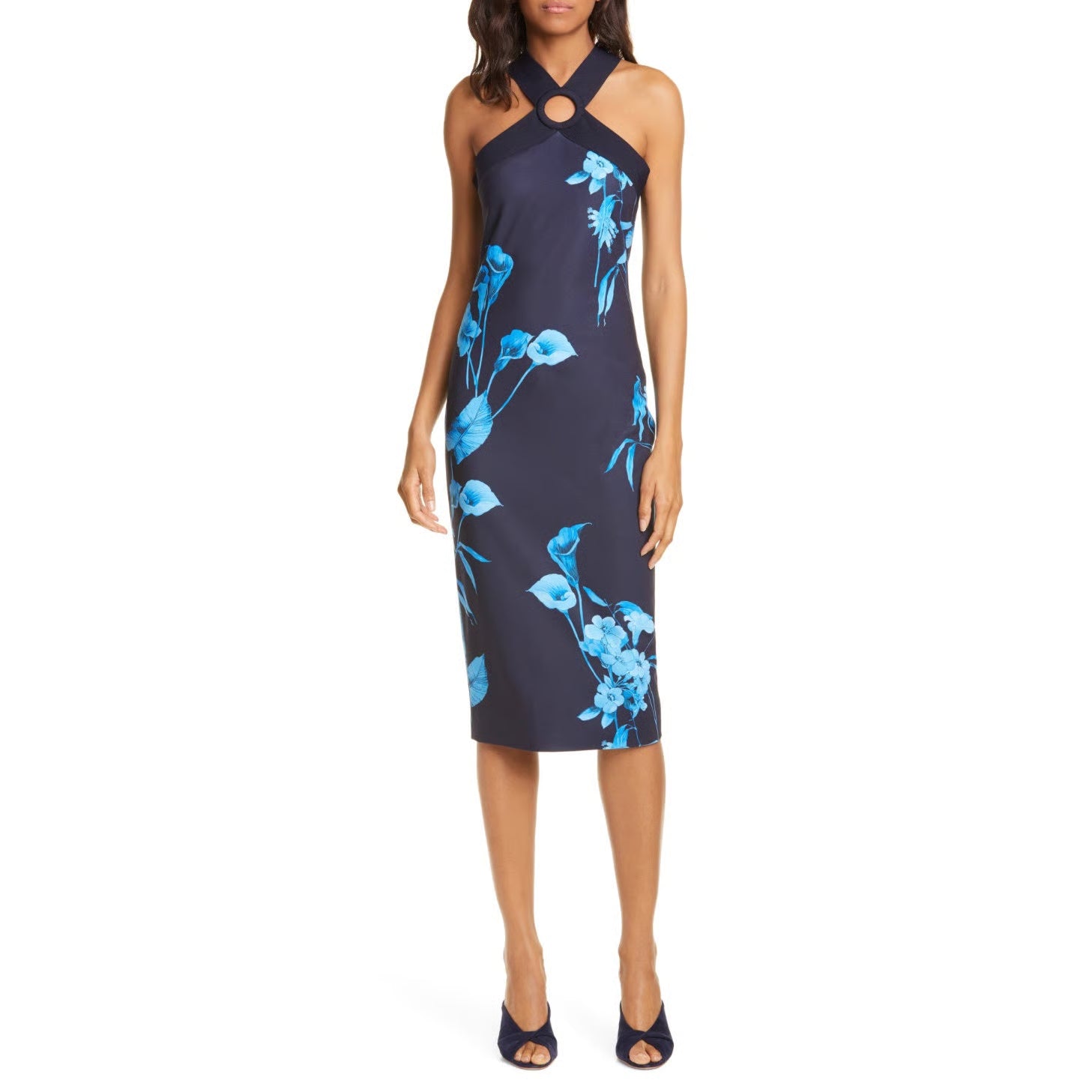 ted baker blue bodycon dress ted baker blue dress Ted Baker Navy Blue Fantasia Bodycon Halter Floral Dress (TB 2 or