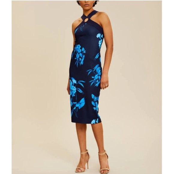 Ted Baker Navy Blue Fantasia Bodycon Halter Floral Dress (TB 2 or US 6)