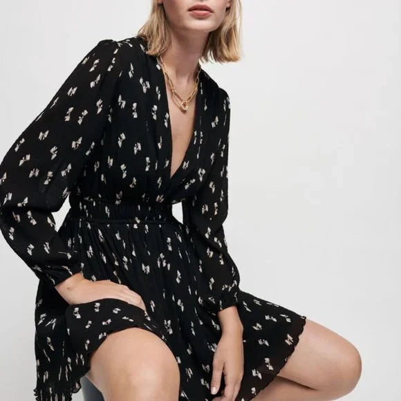 Maje Rionana V-Neck Bow Print Mini Dress (42 or US L)