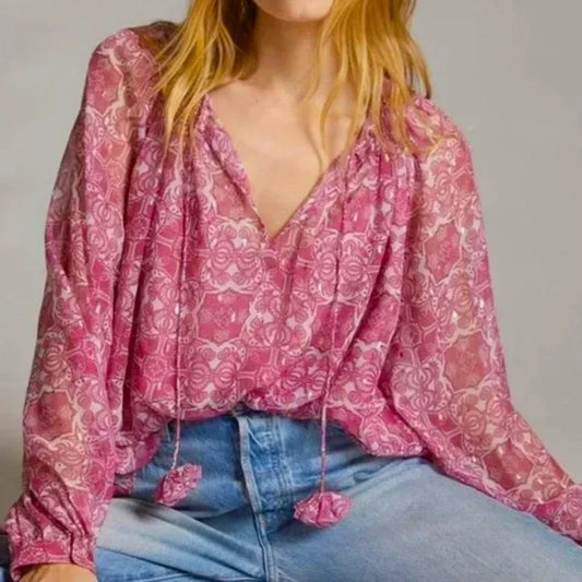Anthropologie Let Me Be Pink with Silver Gold Print Boho Top (S/M)