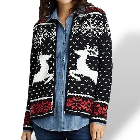 J. Jill Zip Front Deer Valley Fair Isle Cardigan Sweater (M)
