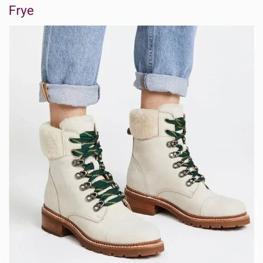 Frye Samantha Hiker Combat in Ivory Leather Shearling and Green Laces Winter Boots (7.5)