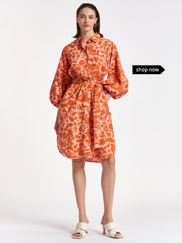 Essentiel Antwerp Salmon Orange / Pink Print Bemerald Cotton Shirt Dress