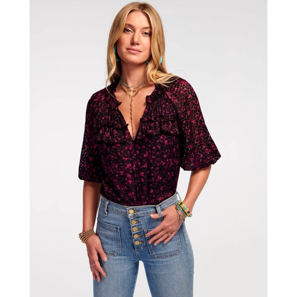 Ramy Brook Sara V-Neck Velvet Textured Top in Plumberry