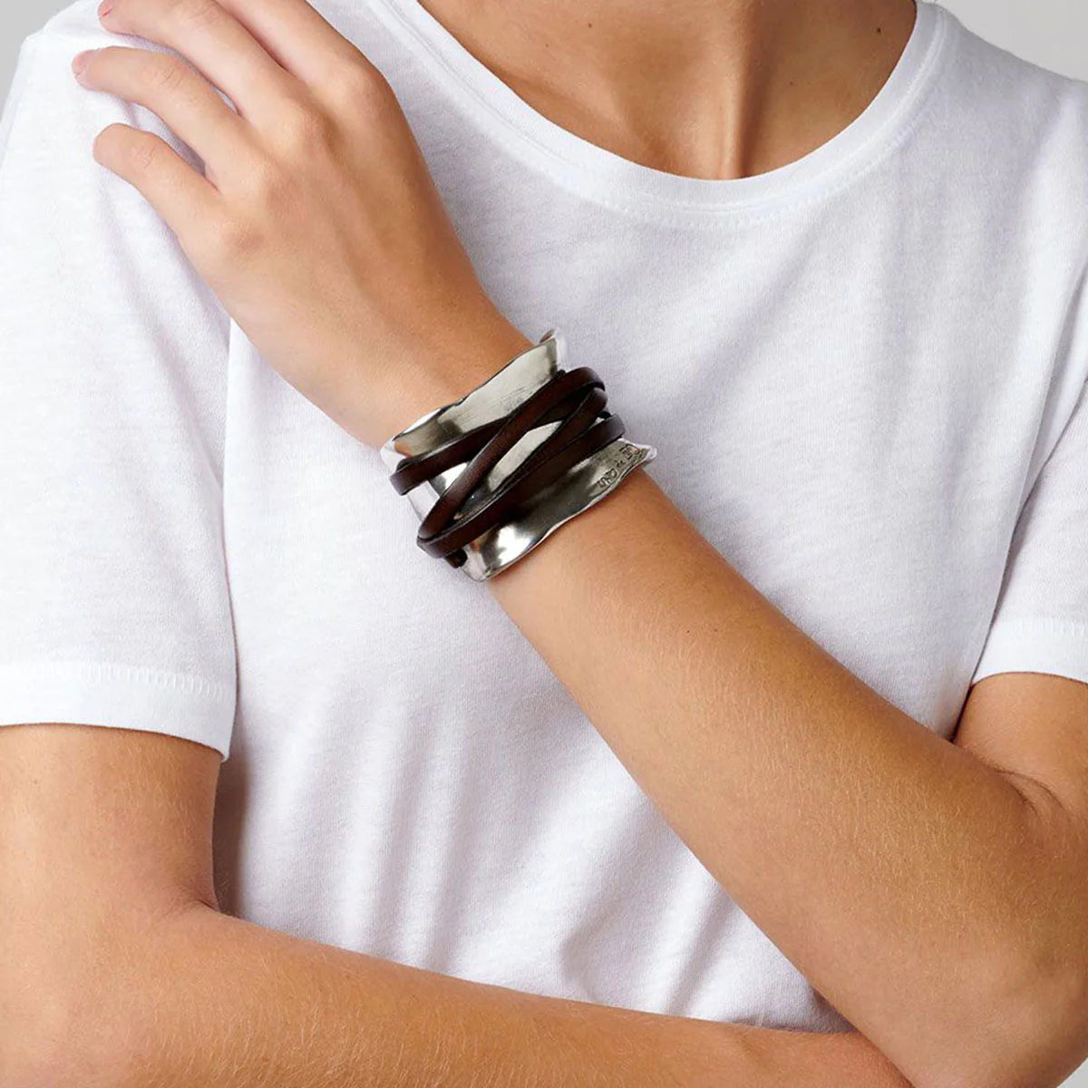 Uno de 50 Ibiza Silver Plated Leather Wrap Cuff Bracelet